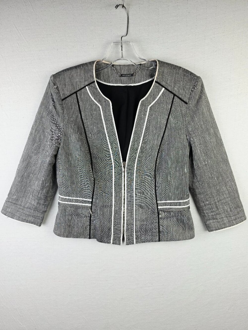 WHBM Blazer Linen Blend Cropped Jacket V-neck Zip Closure size 10 Preppy Office